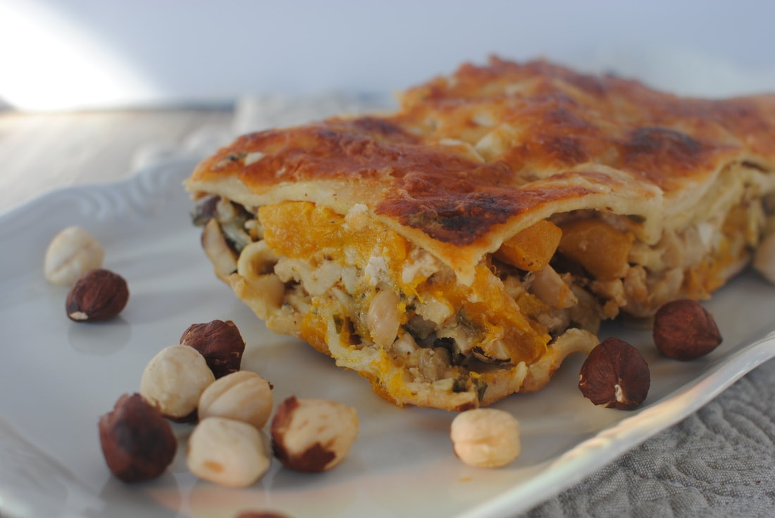Vegetarian lasagna made with butternut  squash  and hazelnuts.